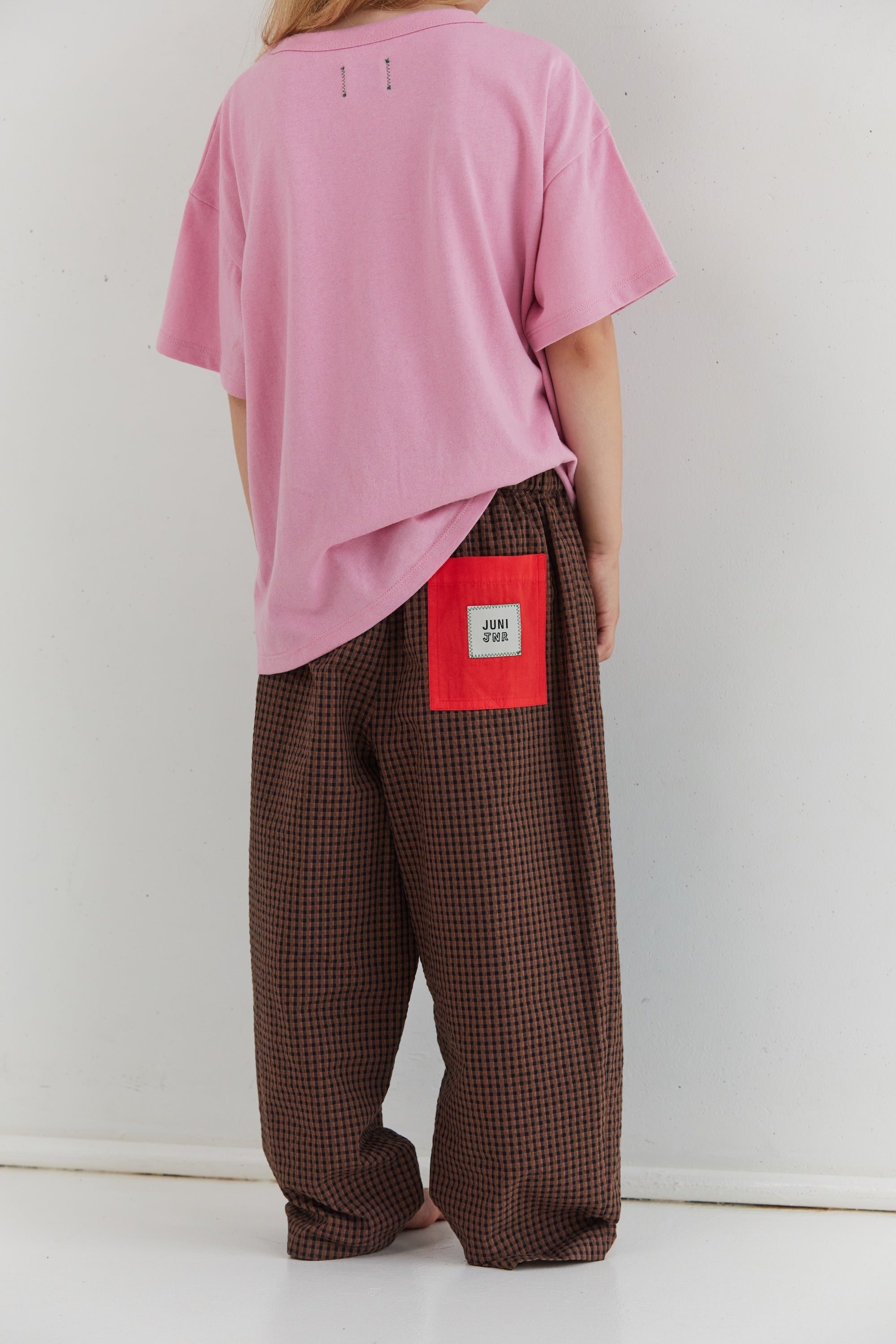 Juni Benji cotton check pants with belt and red back pocket