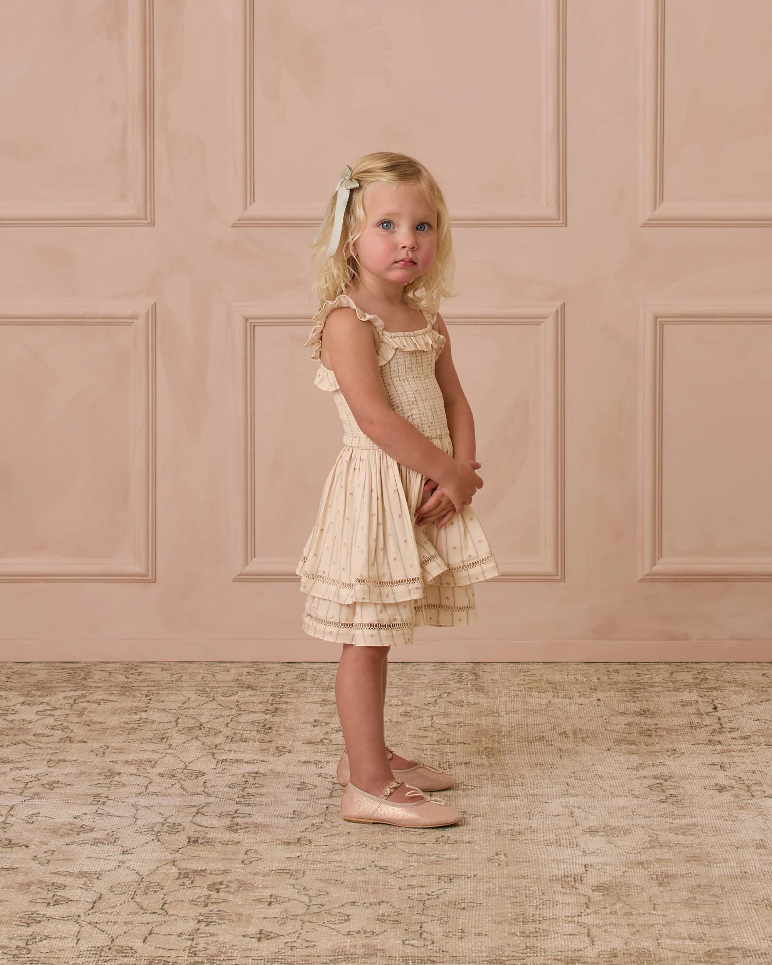 Girl wearing Birdie Dress Victorian Stripe by Noralee with smocked top