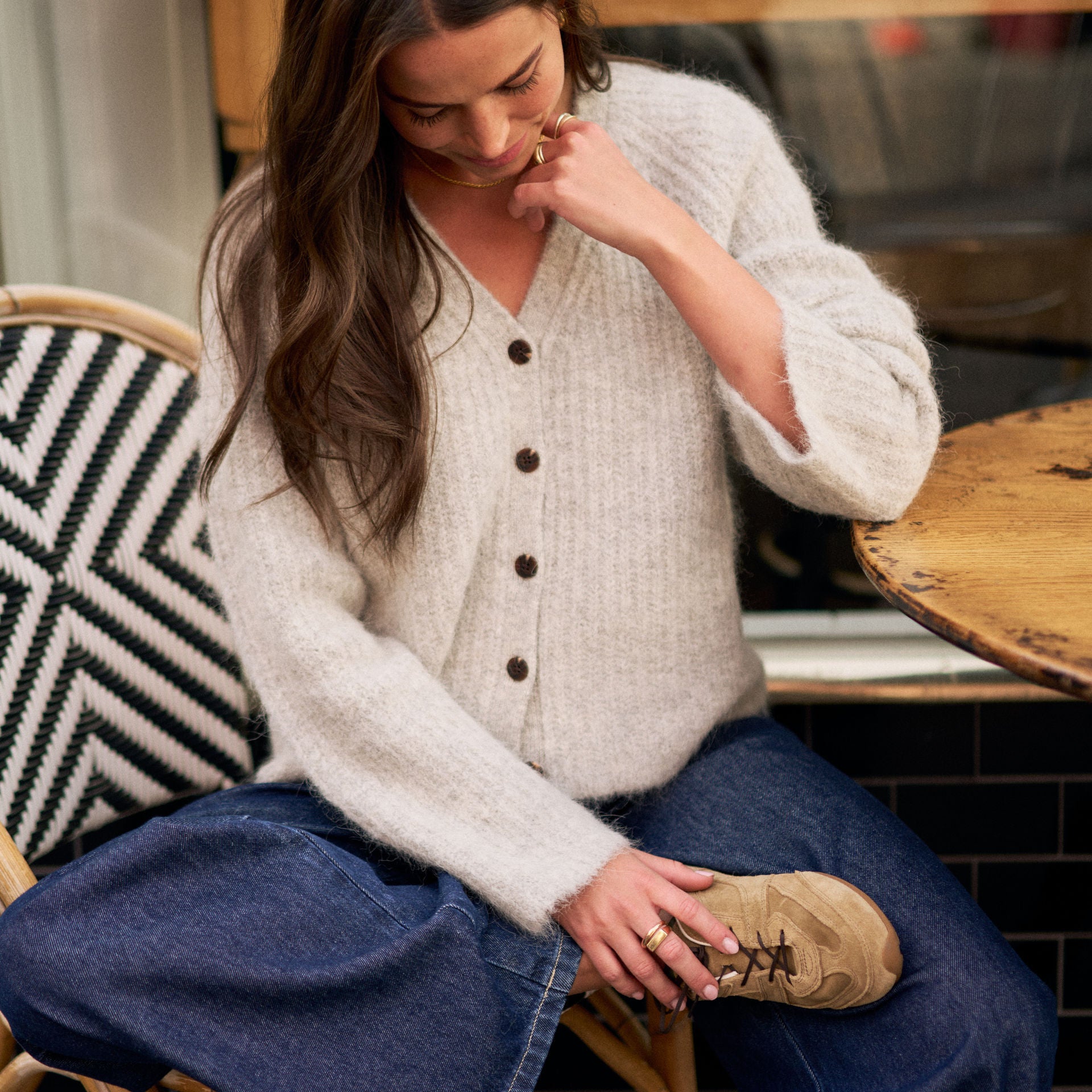Lady wearing Birdie Lofty Cardi - Silver Marle by Ceres Life
