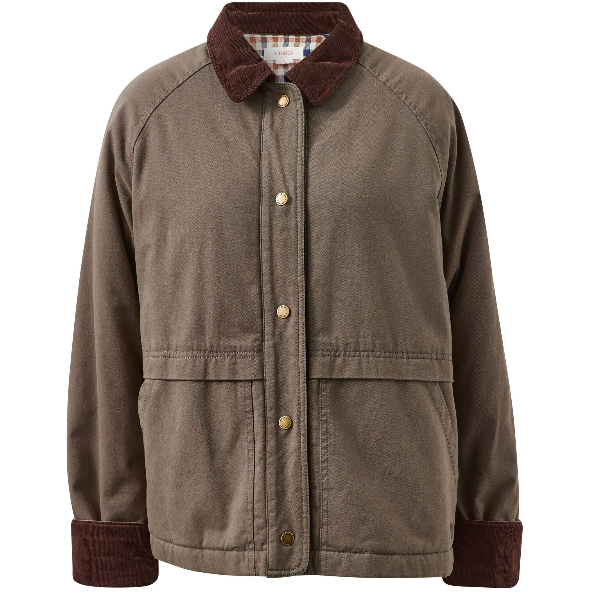 Flat lay of moss green Blair Barn Jacket showing snap button closure and corduroy collar detail