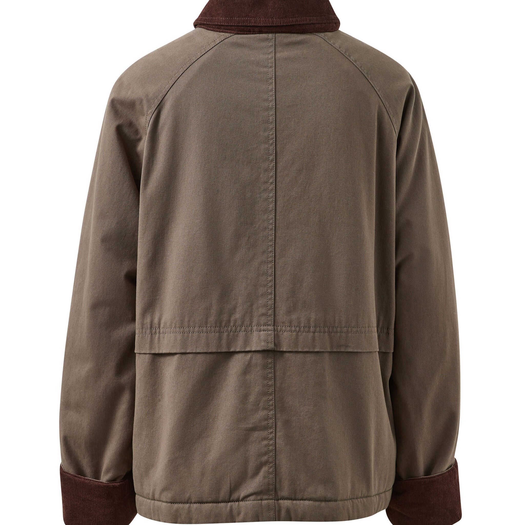 Back view of Blair Barn Jacket displaying corduroy collar and cuff trim in moss green