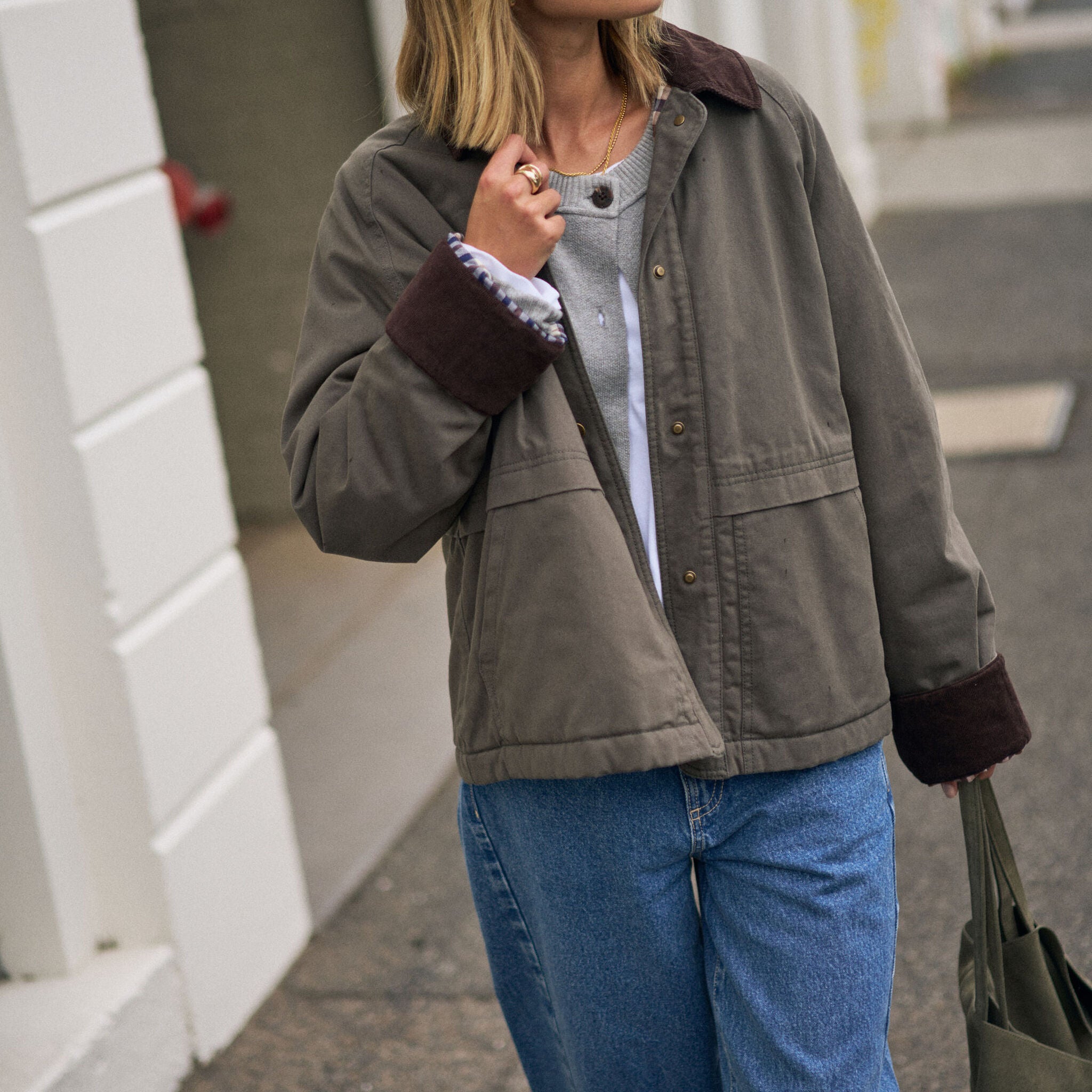 Woman walking in Blair Barn Jacket showing relaxed fit and corduroy collar styling