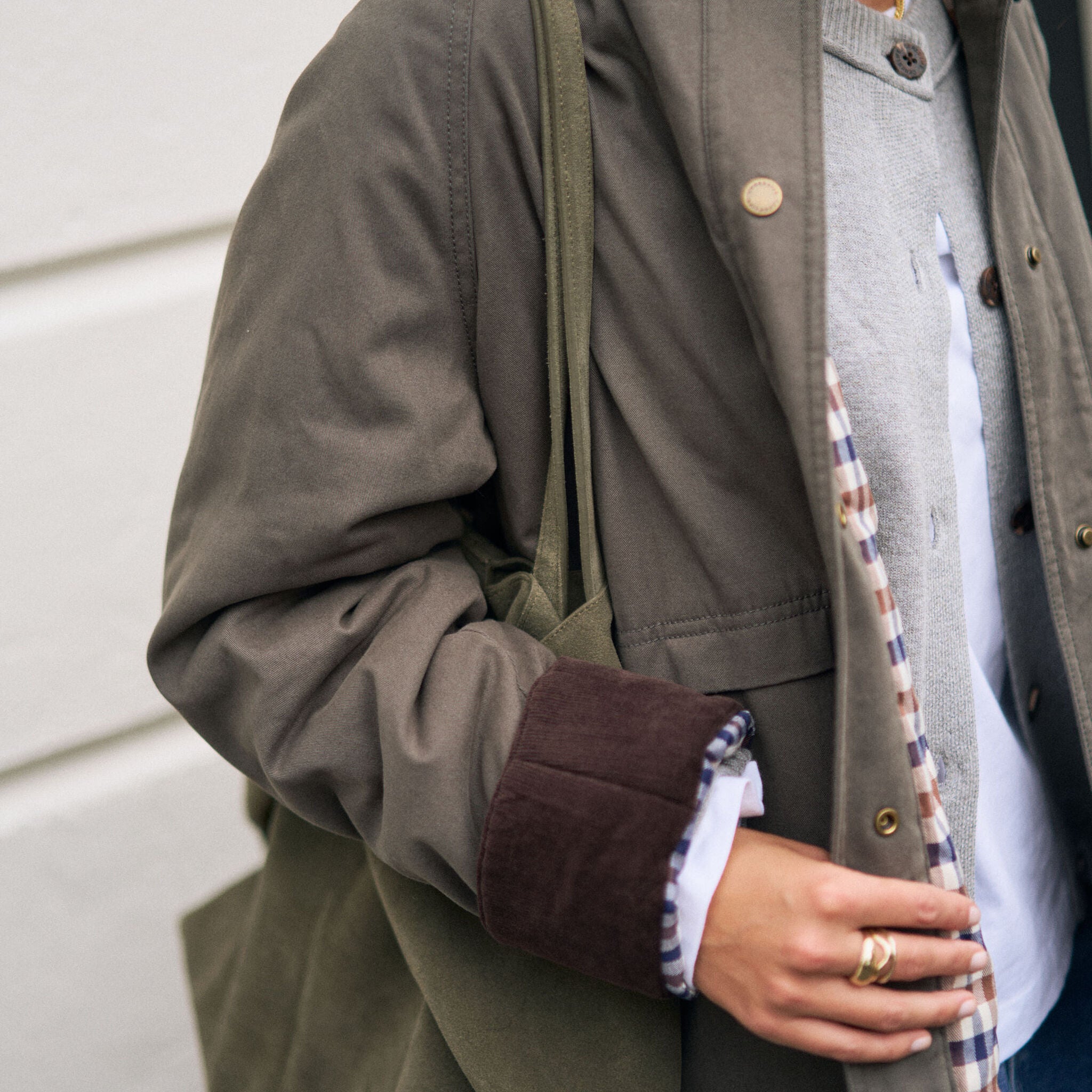 Close-up of Blair Barn Jacket snap buttons and checkered interior lining detail