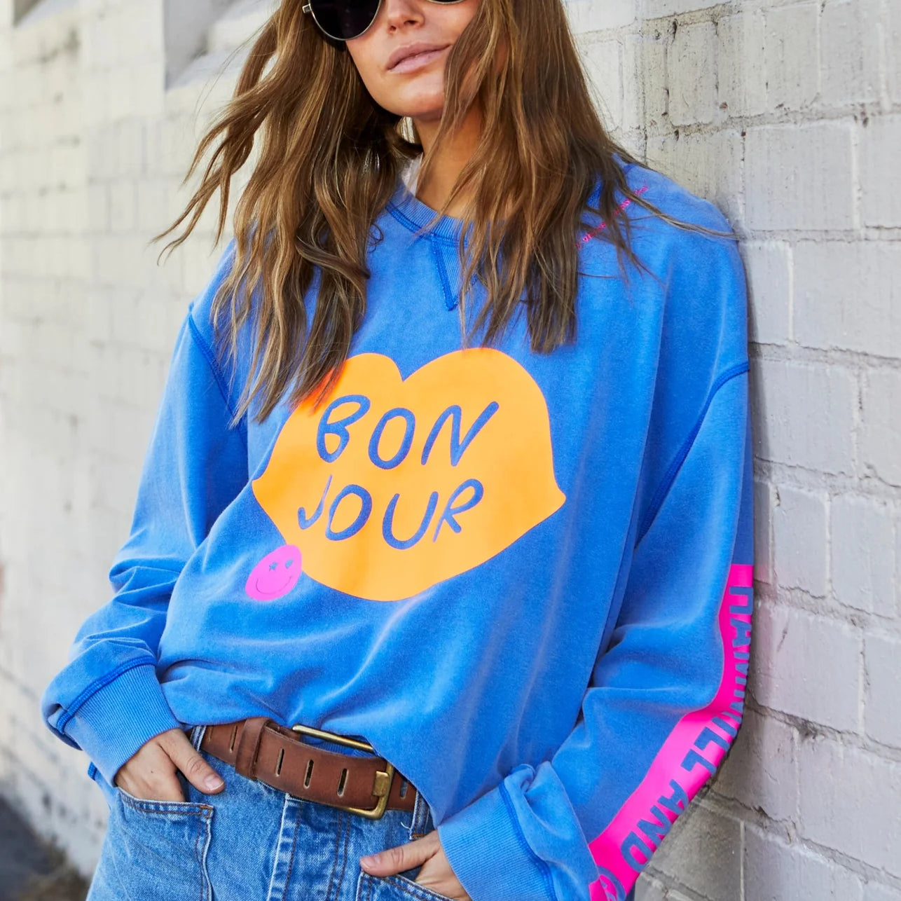 Bonjour washed blue jumper by Hammill & Co