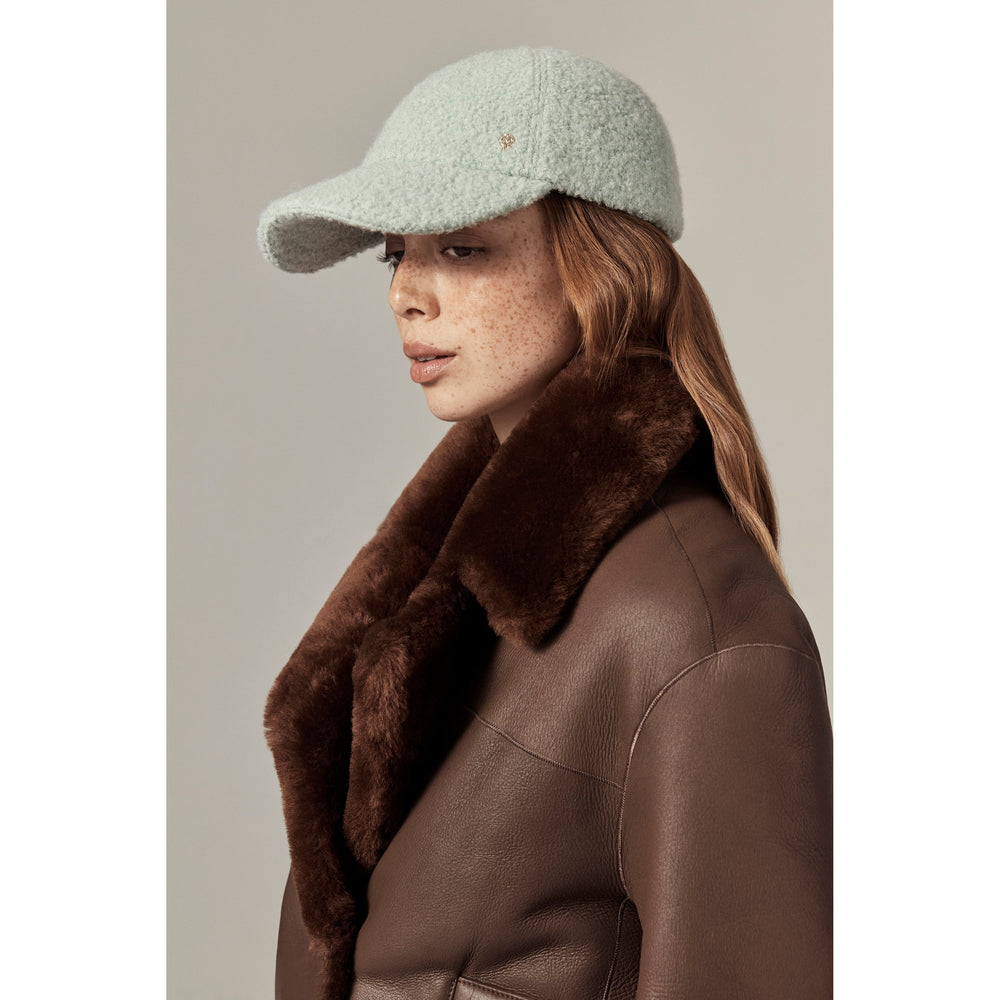Model wearing Bower Wool Blend Cap - Mist by Helen Kaminski