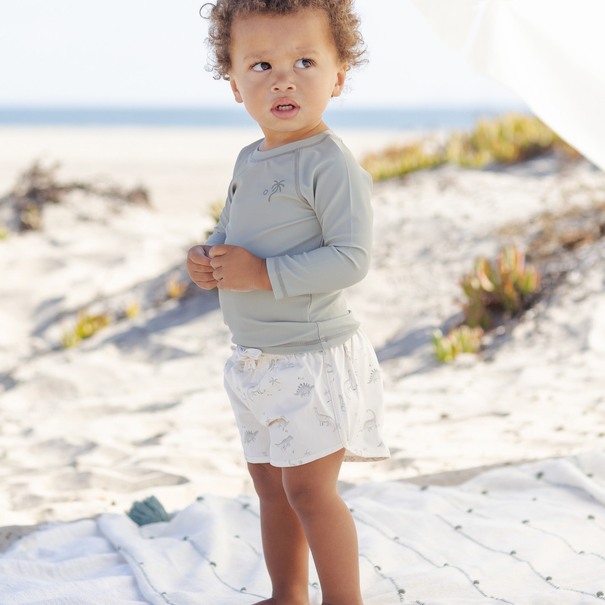 Young boy wearing the Boys Swim Short Dinosaur | Quincy Mae