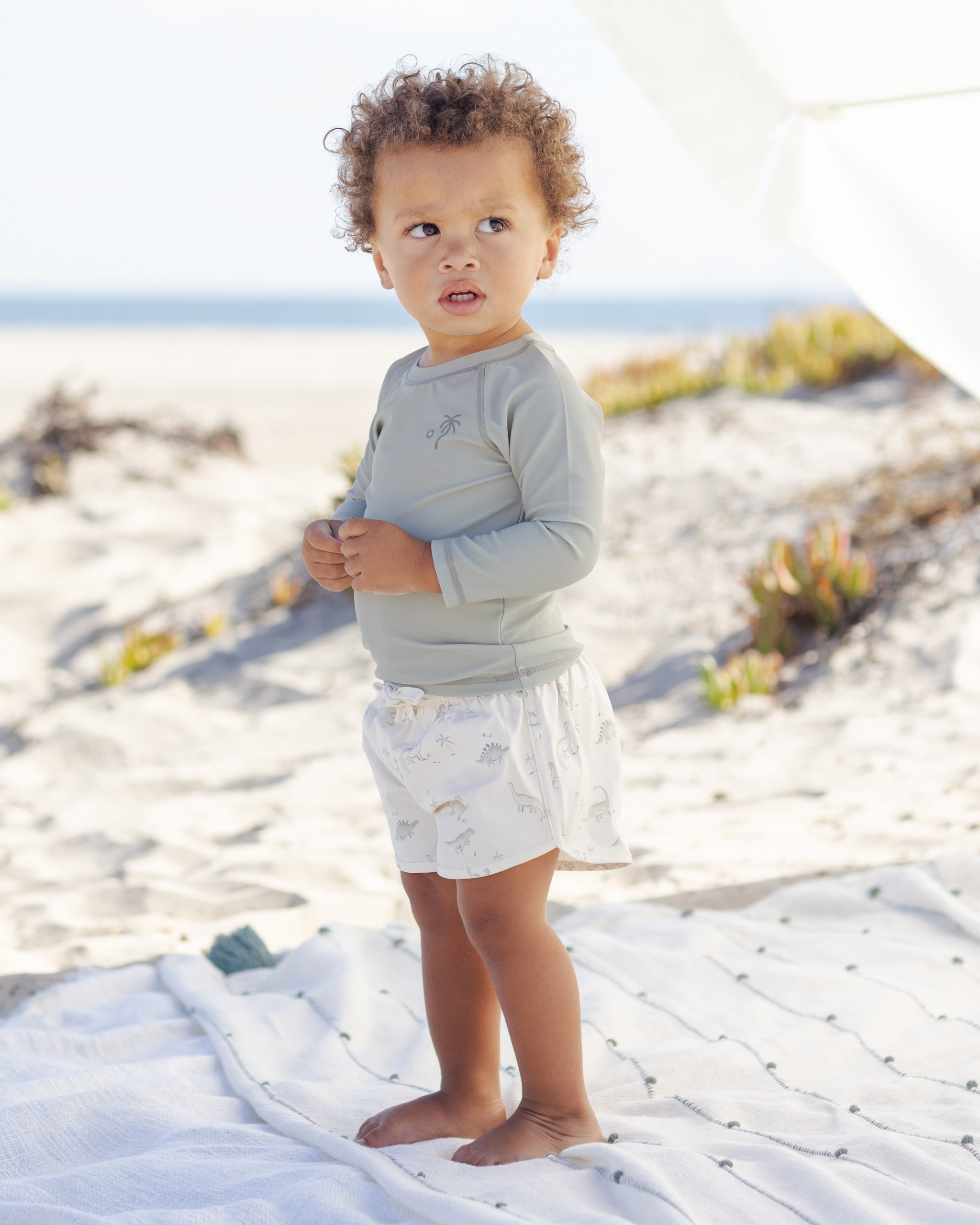 Young boy wearing the Boys Swim Short Dinosaur | Quincy Mae
