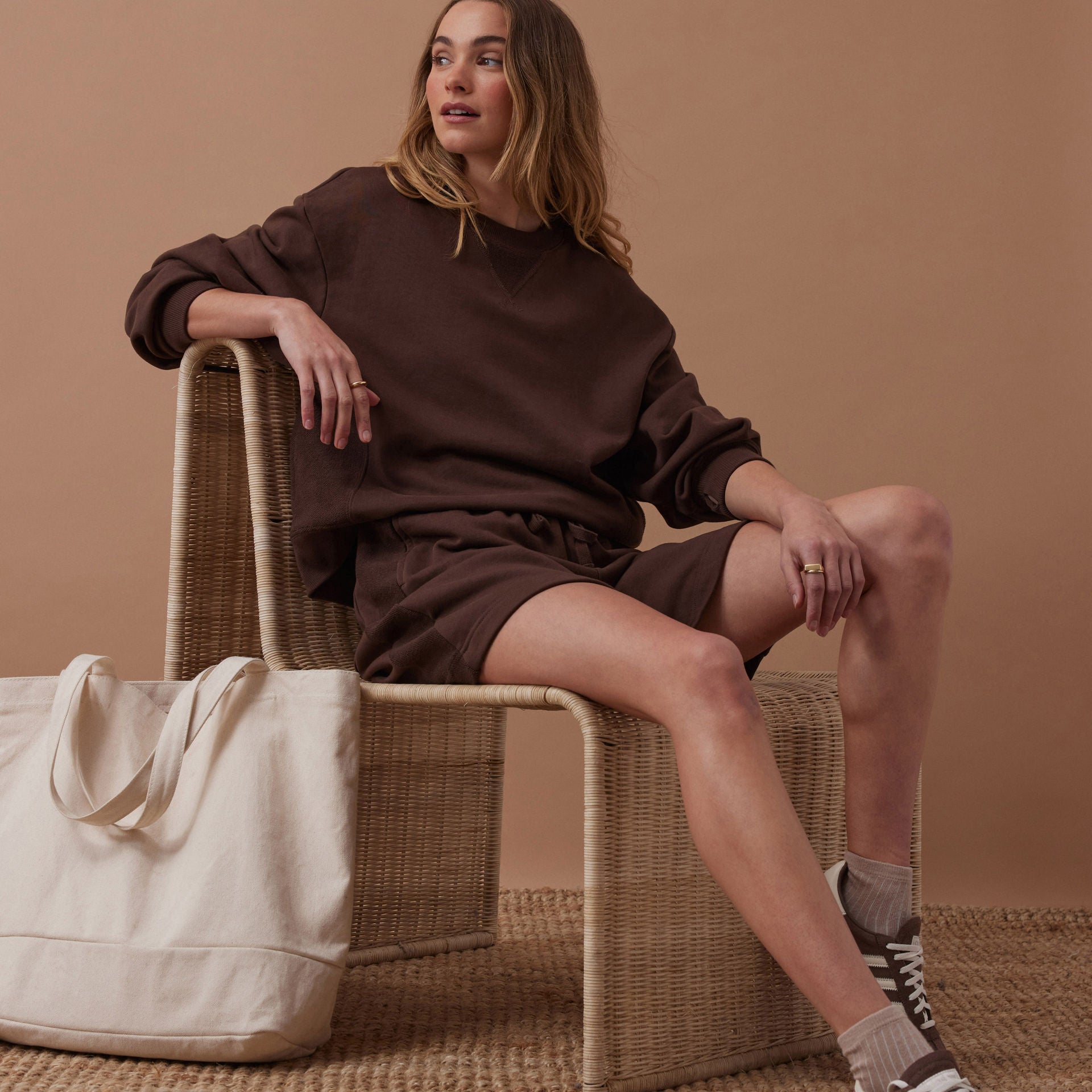 model wearing brown jumper - Ruby Reverse Panel Crew Chocolate Ceres Life