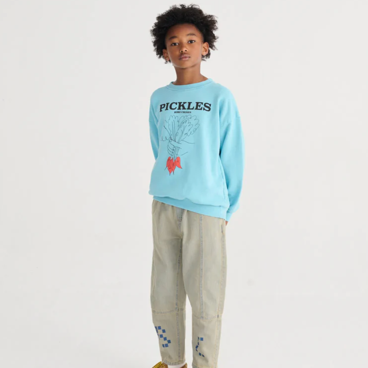 Boy wearing Bunch Of Vegetables Sweatshirt - Light Blue | Bobo Choses