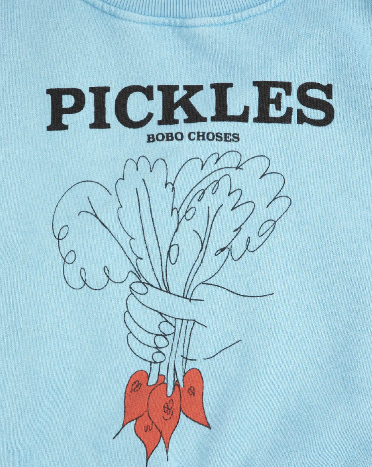 Close up of print and text on Bunch Of Vegetables Sweatshirt - Light Blue | Bobo Choses