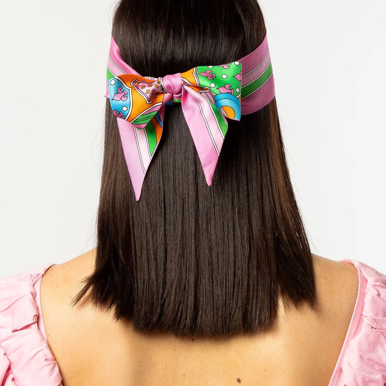 The Button Silk Twilly by Dark Hampton hair tie pink and green