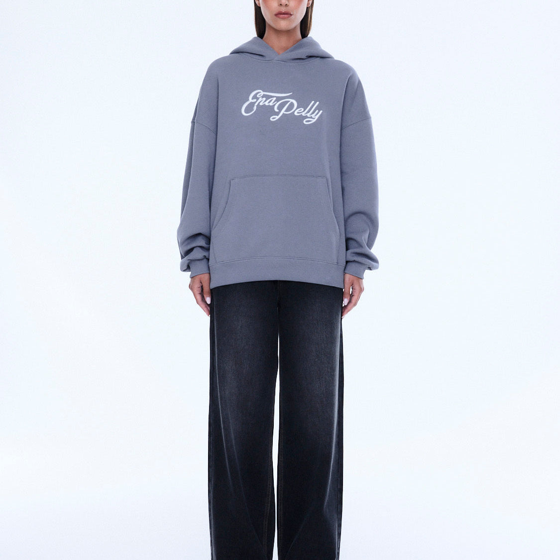 Full length view of Cassie Oversized Hoodie in gray showing relaxed oversized fit