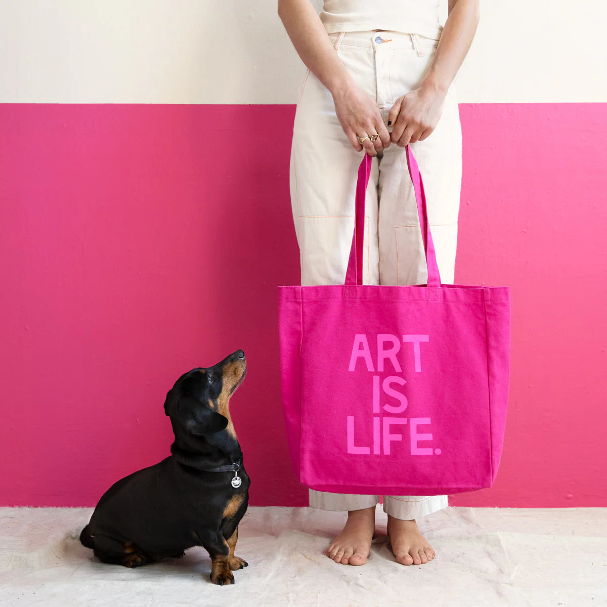 Art is life tote bag with a side of sausage dog