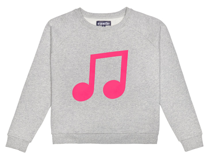 Pink musical note on grey sweater