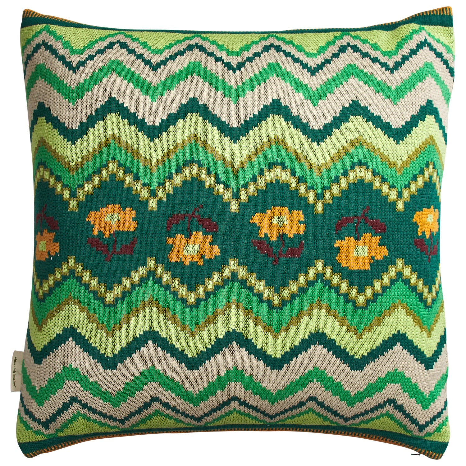 Front view of Calina Knit Cushion Verdant showing full chevron zigzag pattern and floral design details