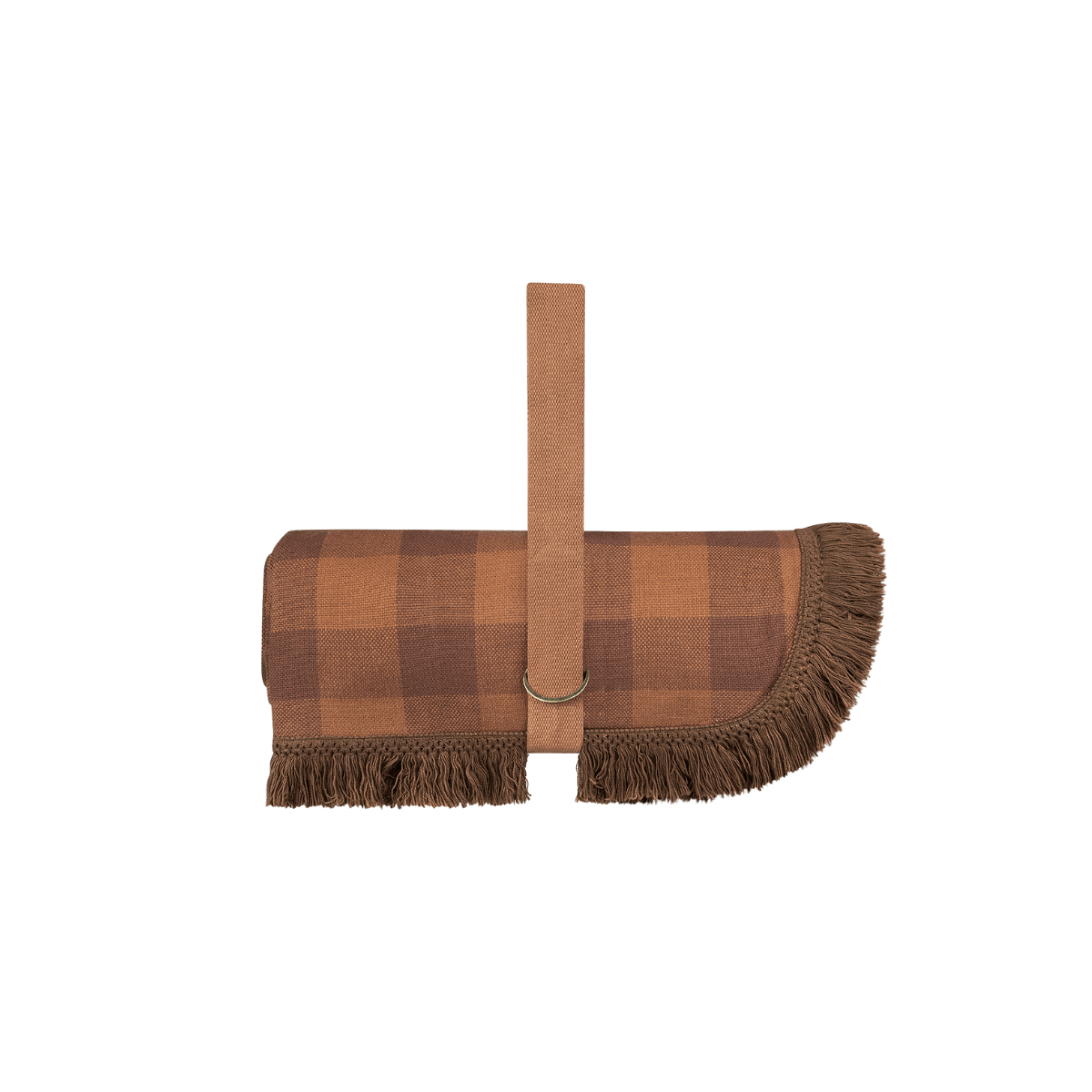 Folded Camp Picnic Rug by Wandering Folk showing brown woven carry strap and portable design