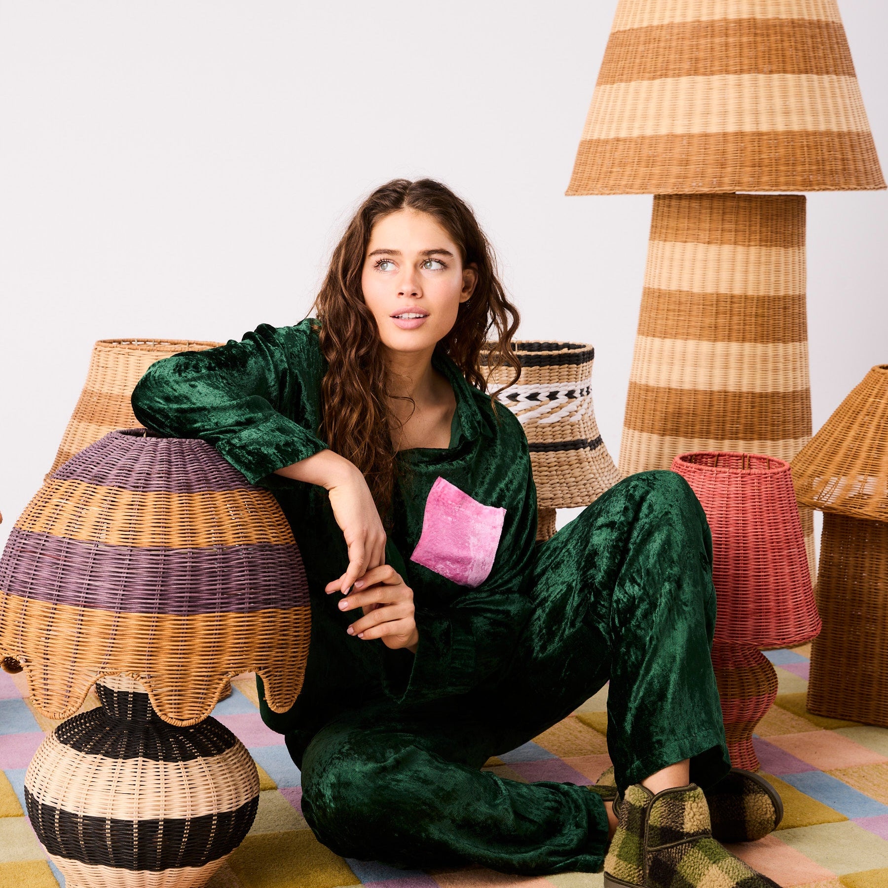 Full body shot of Candy Pine Adult Velvet Pyjama Set by Kip Co showing complete green velvet set