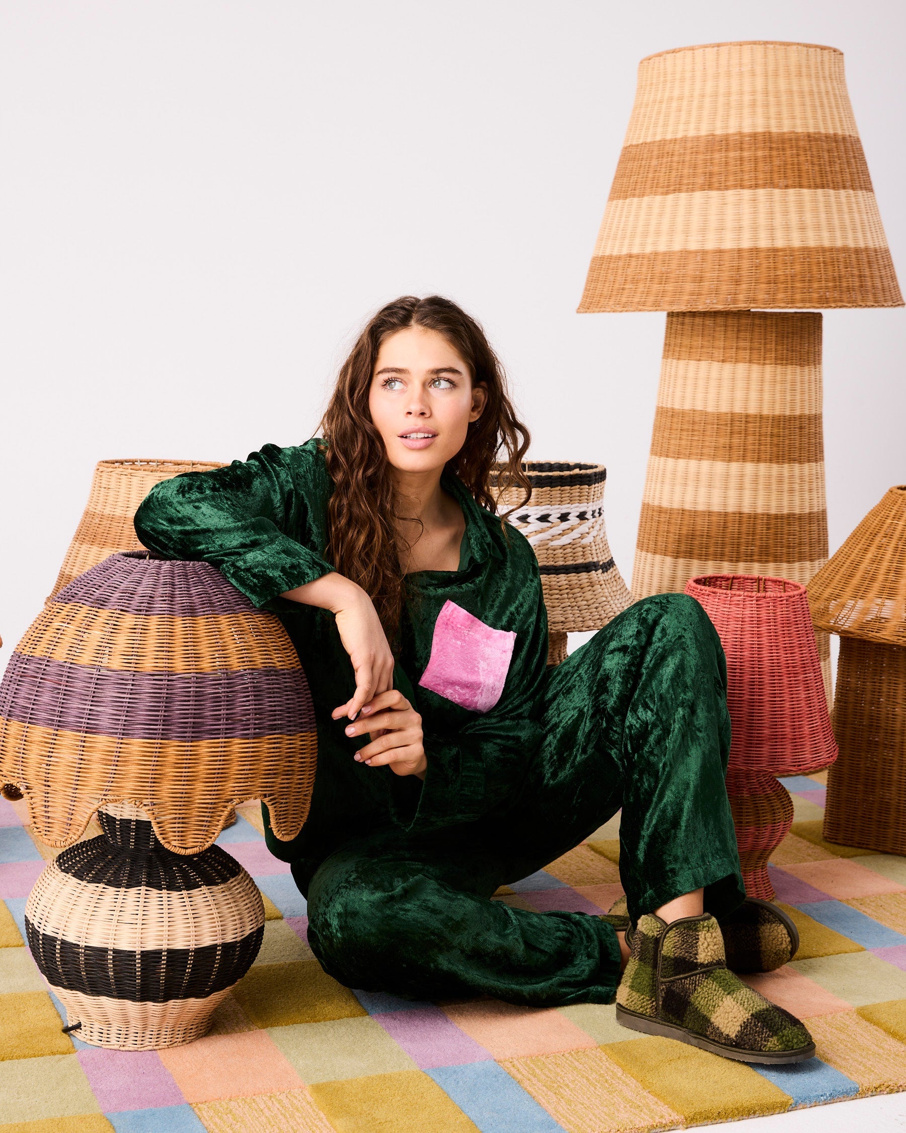 Full body shot of Candy Pine Adult Velvet Pyjama Set by Kip Co showing complete green velvet set