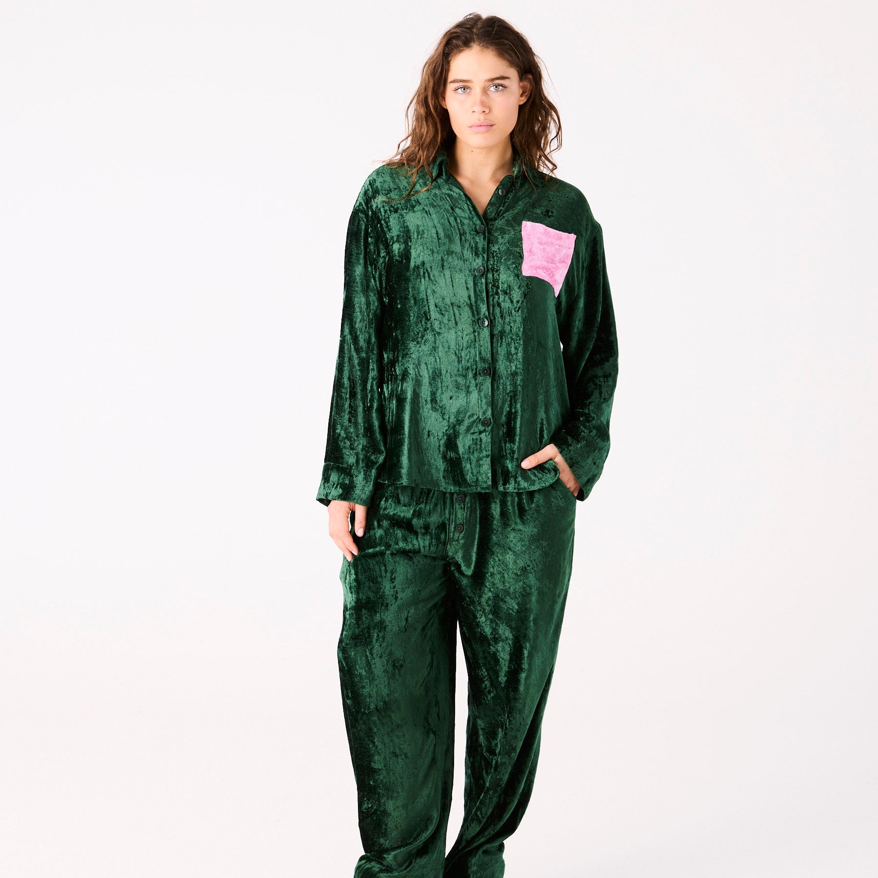 Front view of complete Candy Pine Adult Velvet Pyjama Set showing shirt and pant set by Kip Co