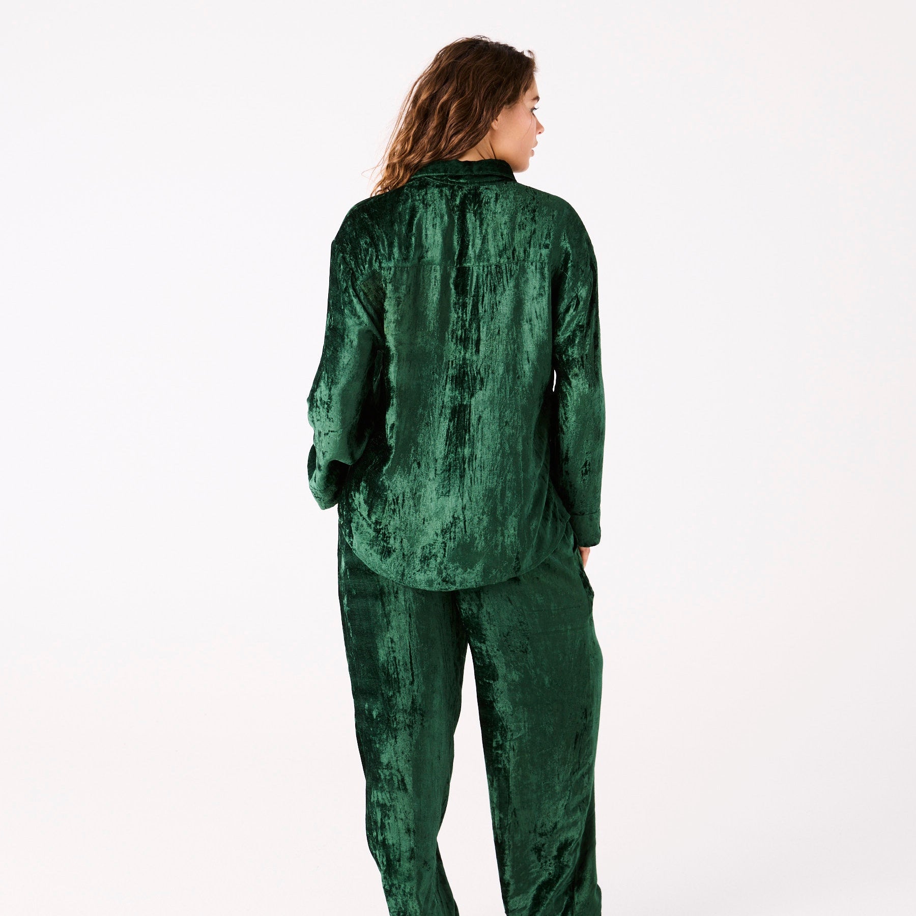 Back view of Candy Pine Adult Velvet Long Sleeve Shirt and Pant Pyjama Set by Kip Co