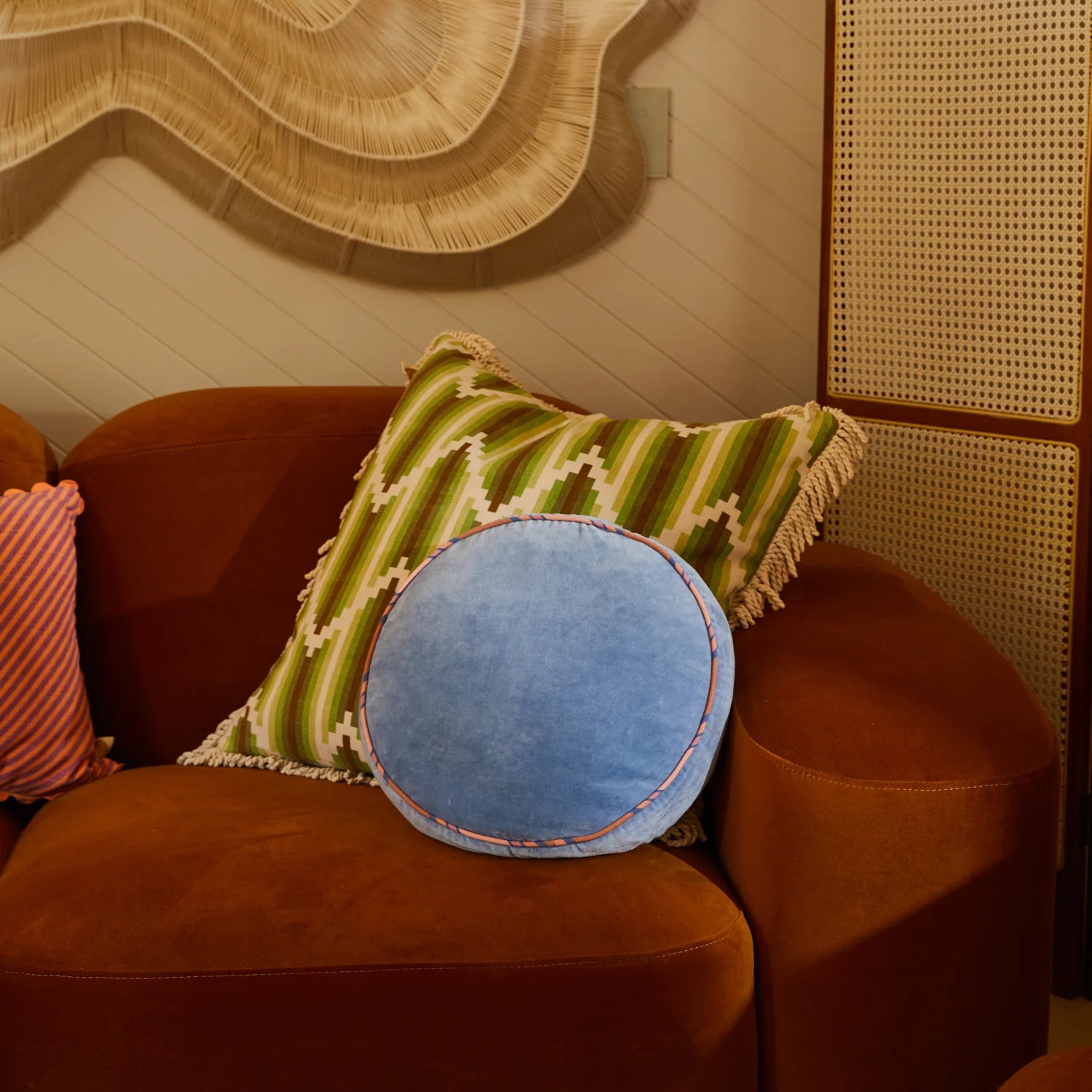 Castilo round velvet cushion and Nine fringe cushion