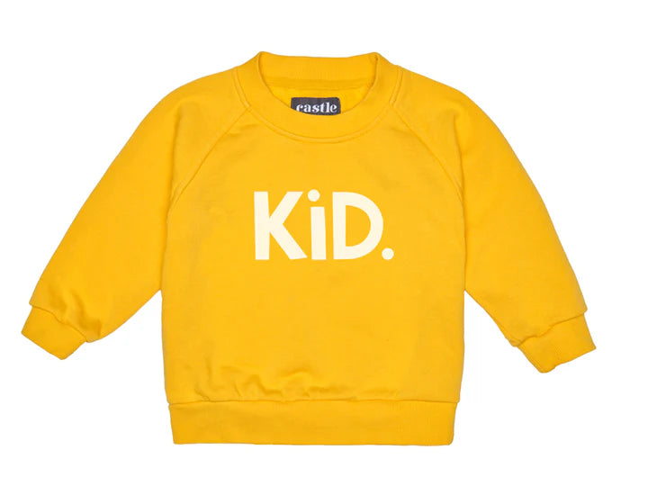 Yellow sweater with word kid on front