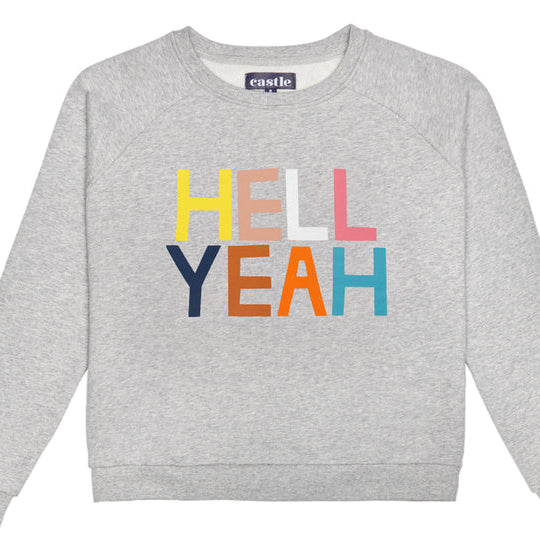 Grey sweater with colour text hell yeah