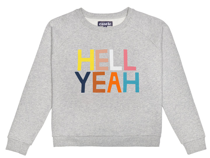 Grey sweater with colour text hell yeah