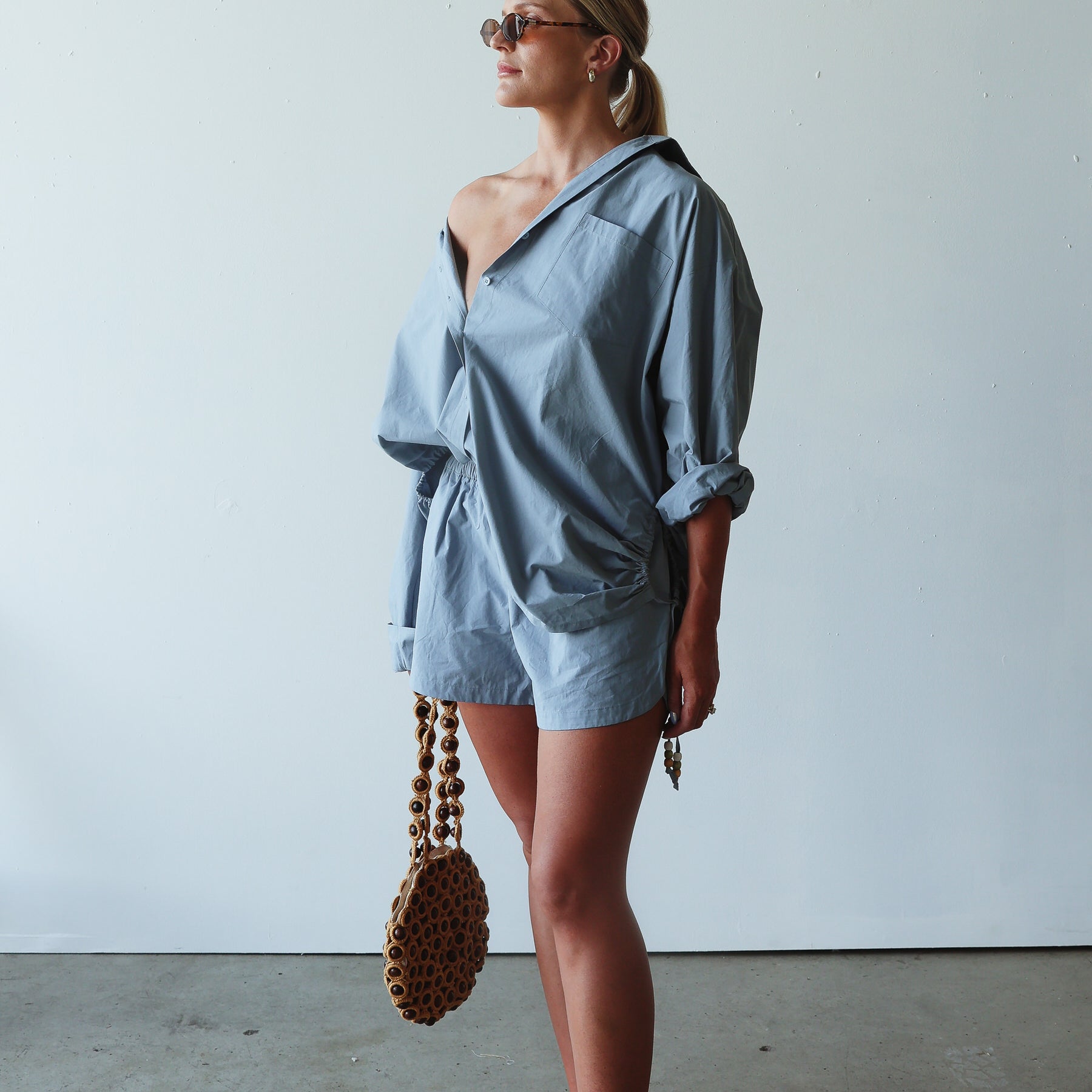 model wearing Celine Shirt - cornflower blue by By Billie