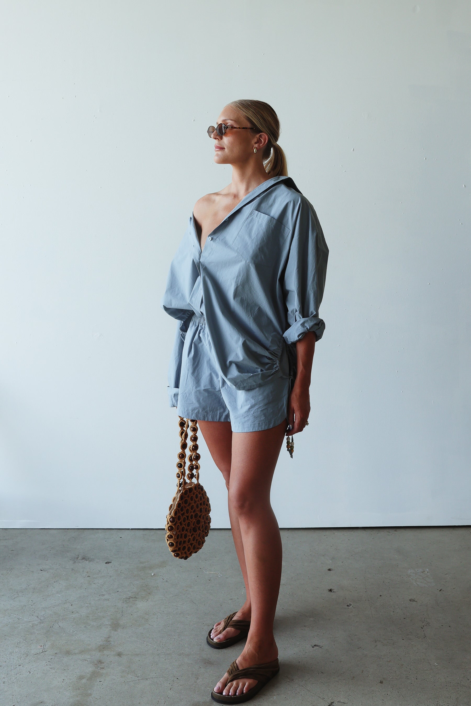 model wearing Celine Shirt - cornflower blue by By Billie