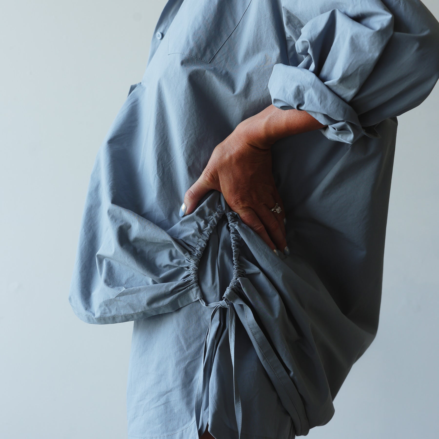scrunch details on side of blue Celine Shirt - cornflower by By Billie