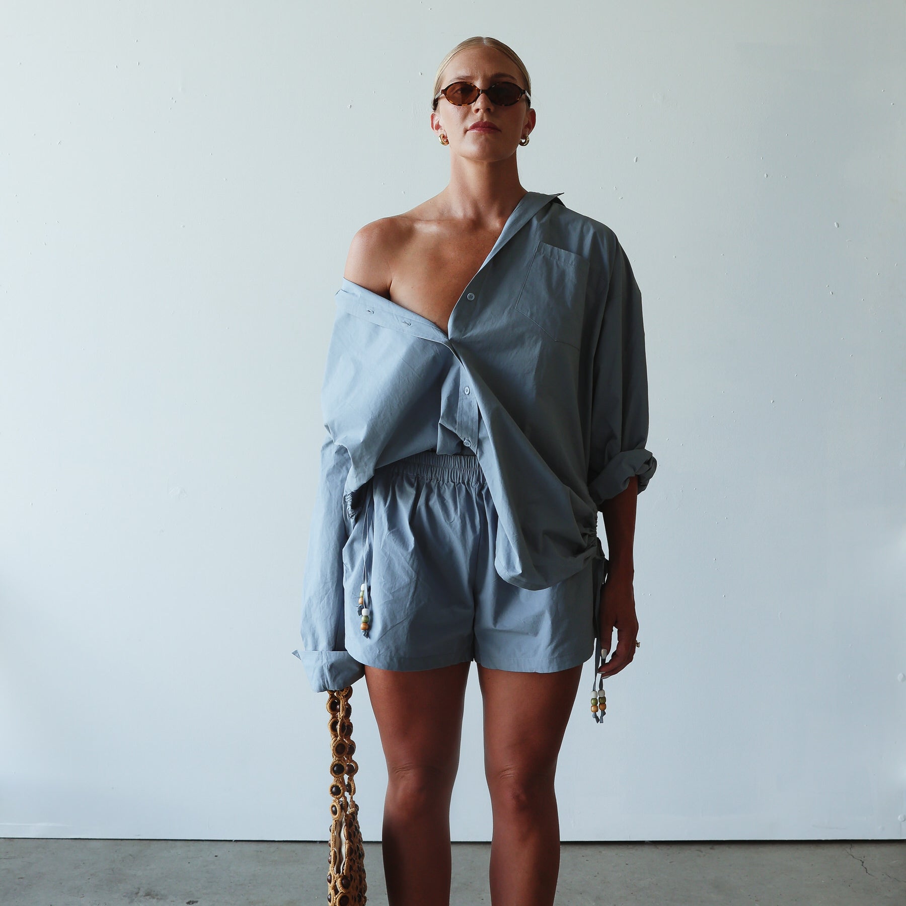 model wearing Chloe Cotton Short - Cornflower blue by By Billie