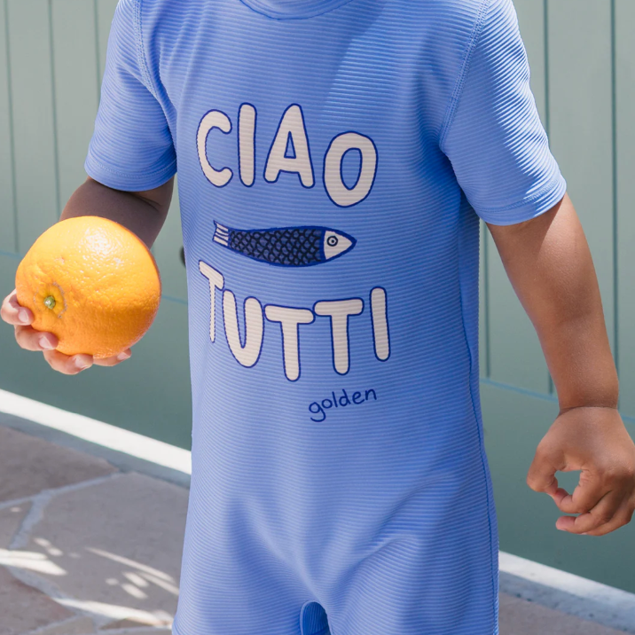Close up of the Ciao Tutti Pesci One Piece Swim - Pool Blue | Golden Children