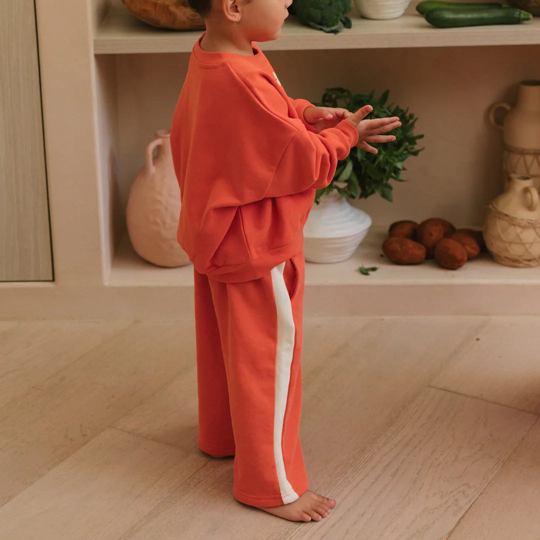 Ciao Tutti Relaxed Pants Napoli Red by Golden Children - red french terry fleece sweatpants for kids with white stripe down the side