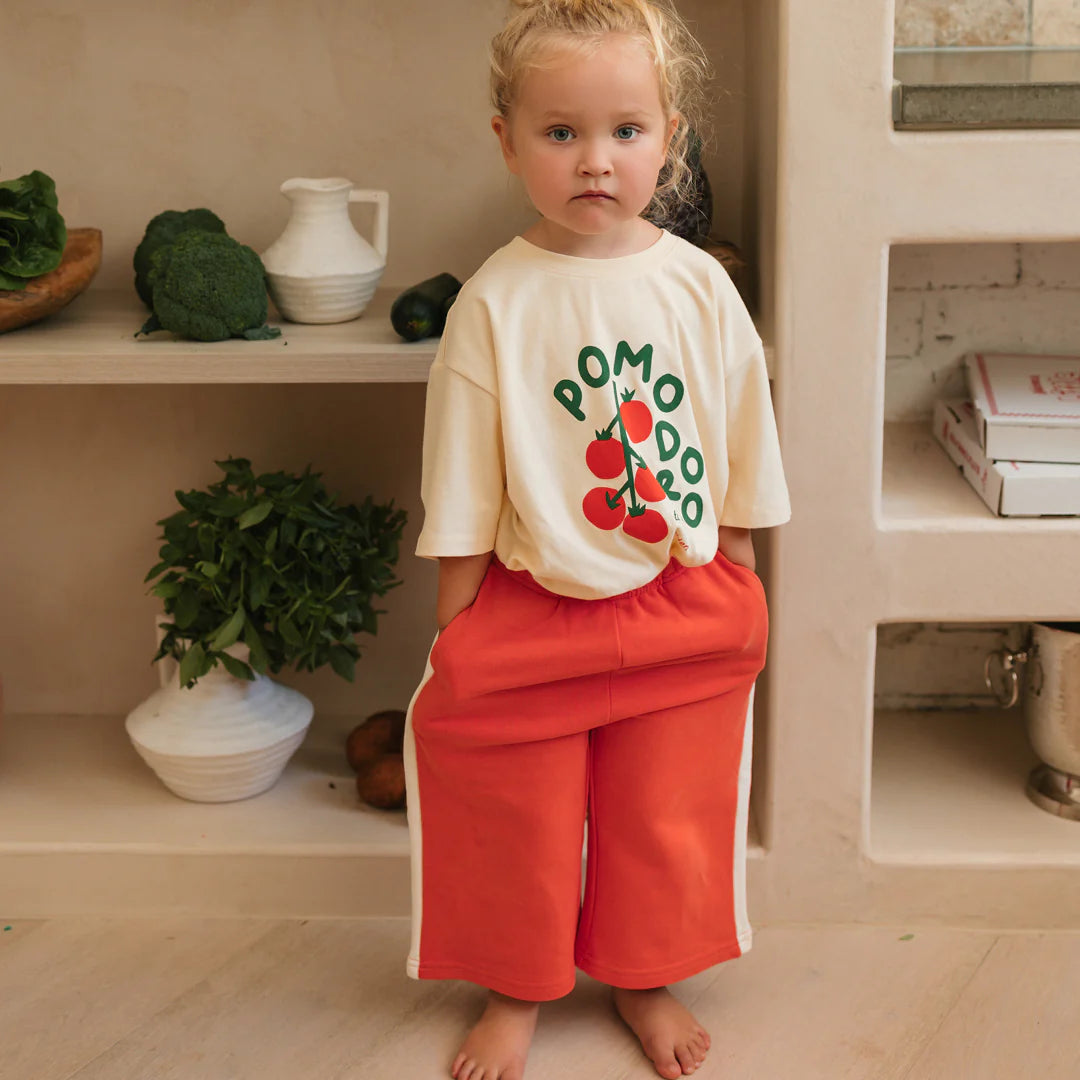 red terry fleece kids pants with white stripe