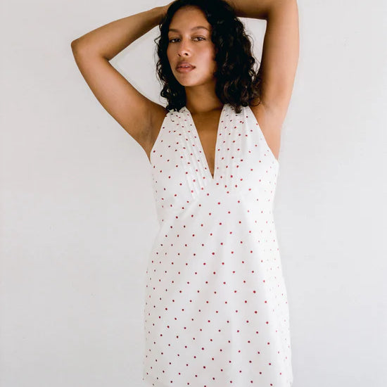Clara Mini Dress – Cherry Polka Dot by Juni - white and red polka dot dress with plunging neckline