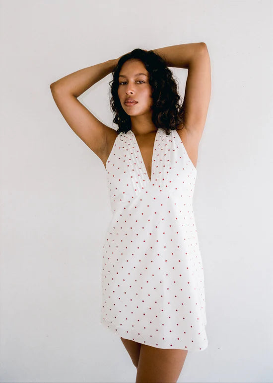 Clara Mini Dress – Cherry Polka Dot by Juni - white and red polka dot dress with plunging neckline