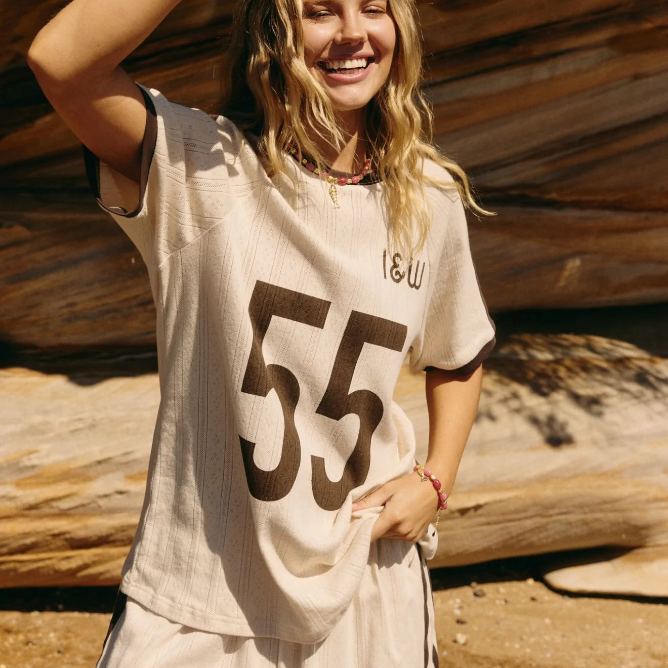 lady wearing Club 55 Shorts - Cocoa brown by Indigo & Wolfe