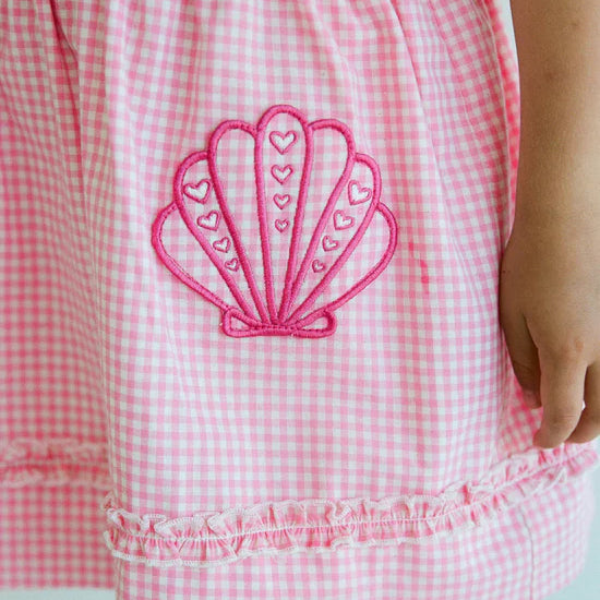 shell embroidery detail on girls dress - Coco Dress – Strawberry Gingham by Juni
