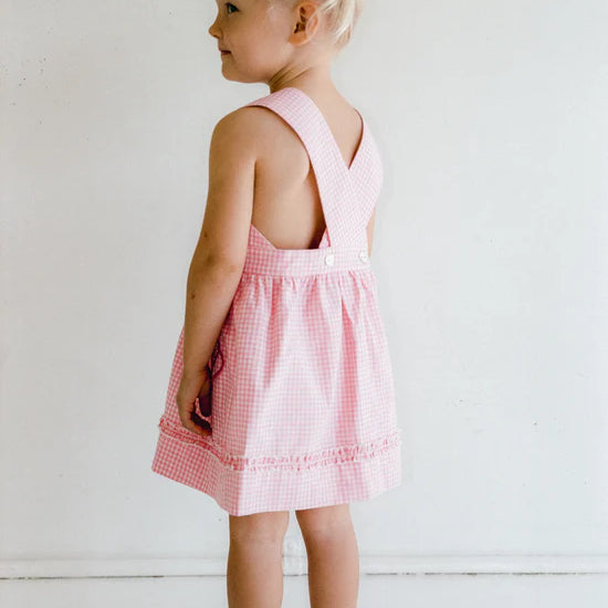 girls Coco Dress – Strawberry Gingham by Juni - pink check dress with shell embroidery details