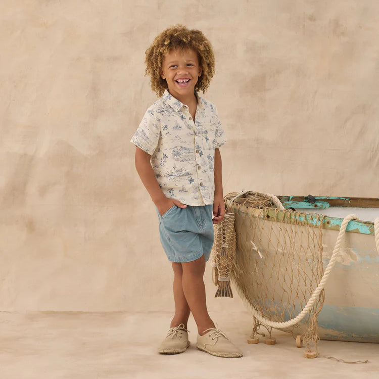 boy wearing Collared Short Sleeve Shirt Ocean Toile by Rylee & Cru