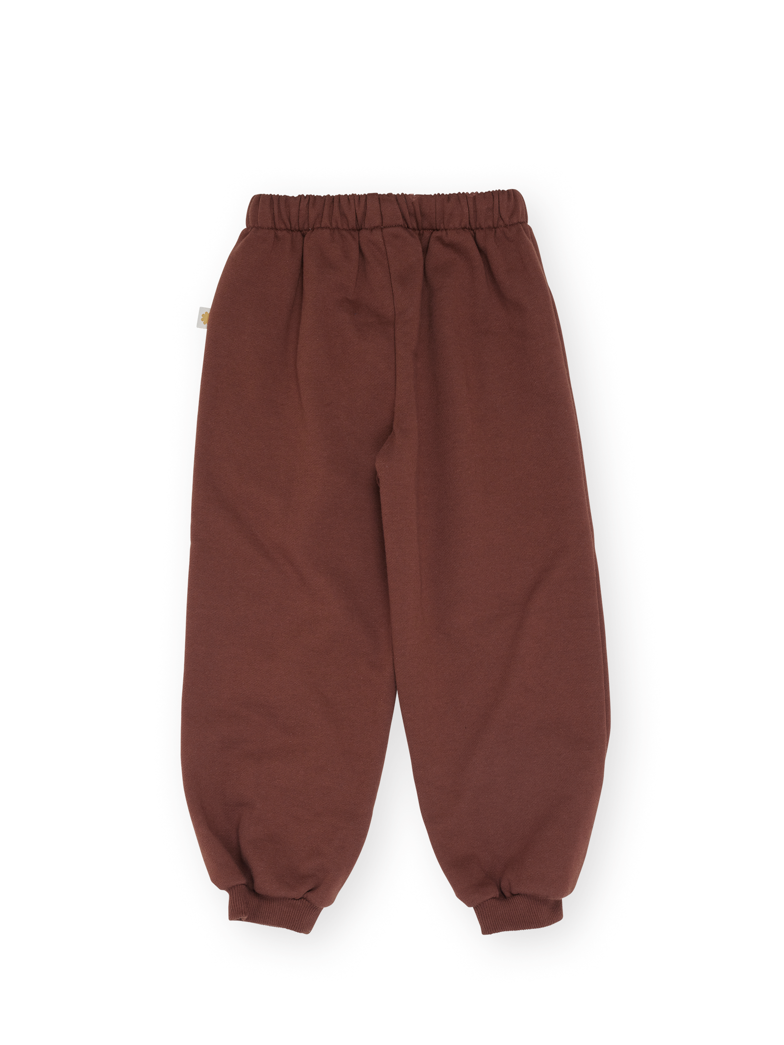 Flat lay of brown comfy embroidered sweatpants showing elastic waistband and cuffed ankles