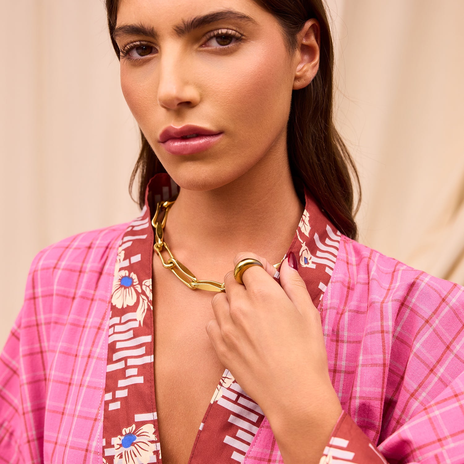 Close-up detail of Cosmin Cotton Robe collar showing soft cotton plaid fabric texture and colorful trim detailing