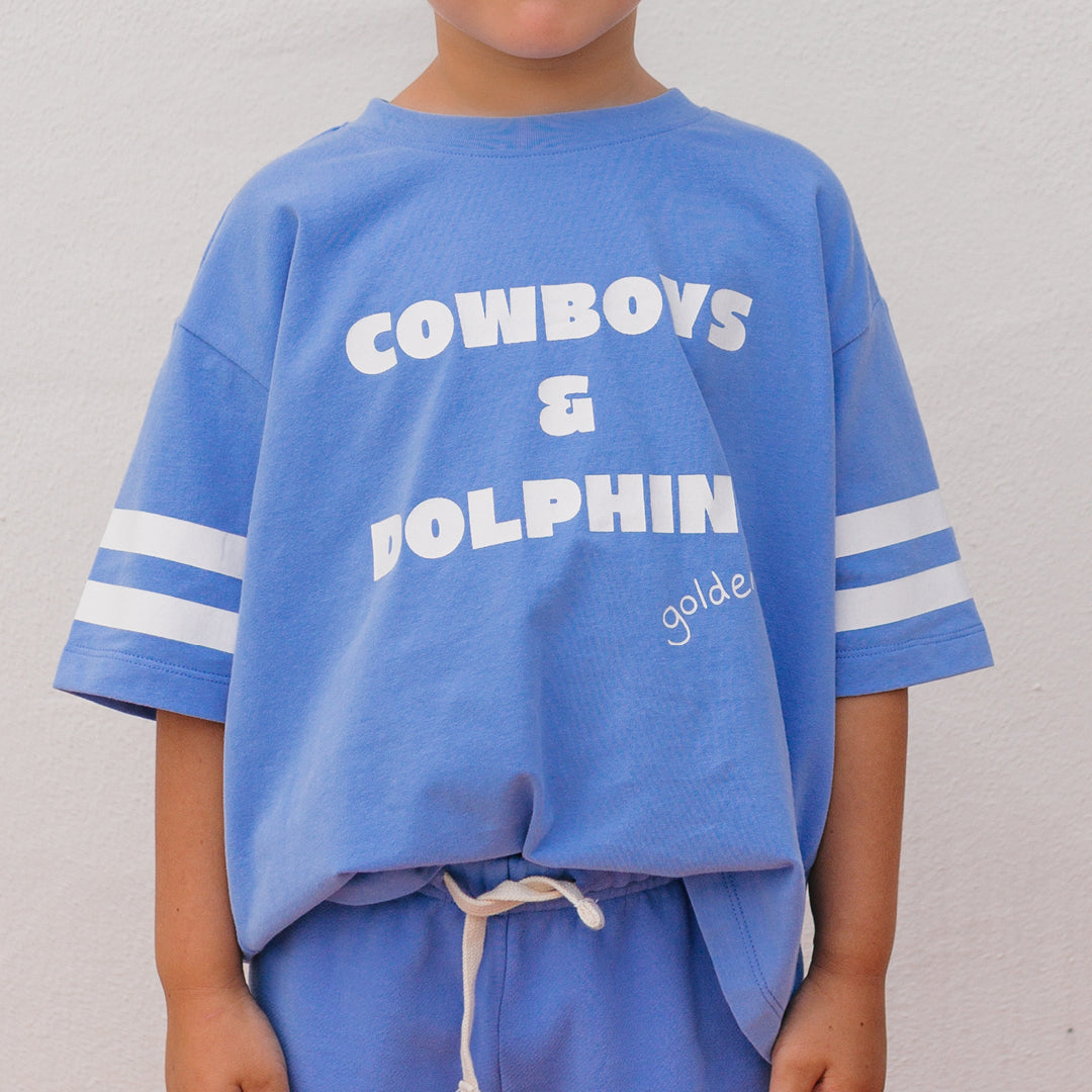 Close up of the Cowboys & Dolphins T-shirt - Pool Blue | Golden Children