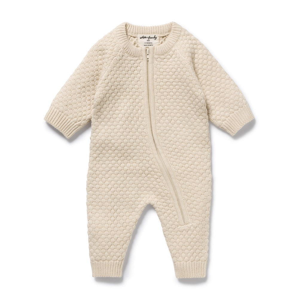 Front view of the Cream Organic Knitted Bauble Growsuit | Wilson + Frenchy