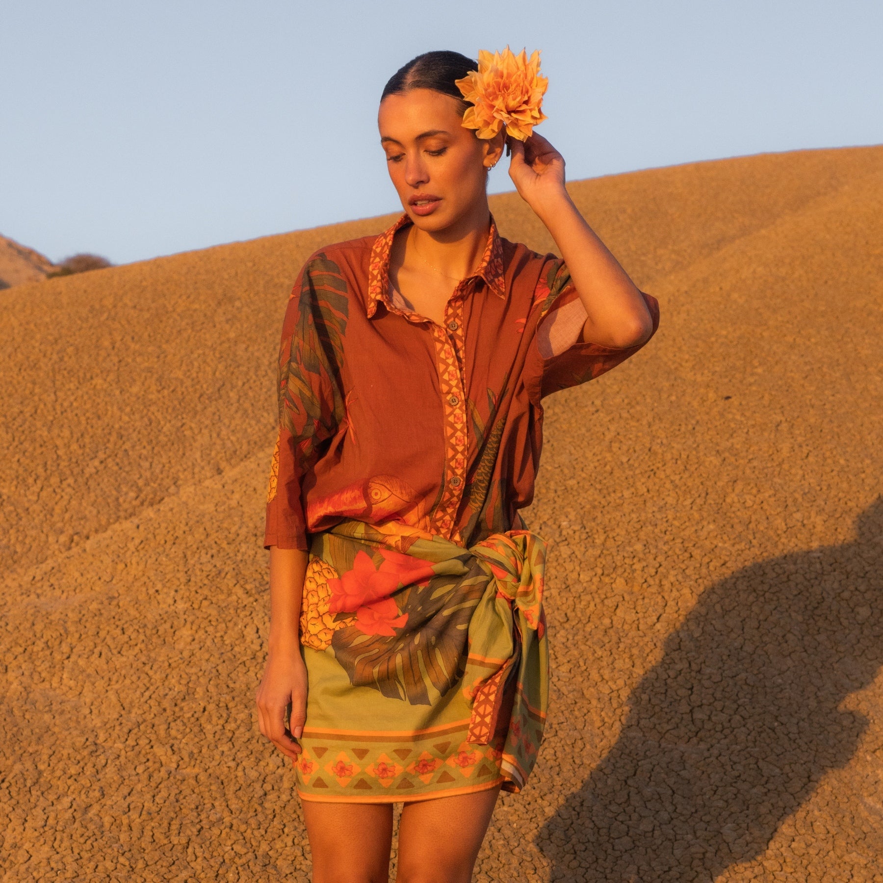 Cuban tropical shirt organic cotton button up coffee colour