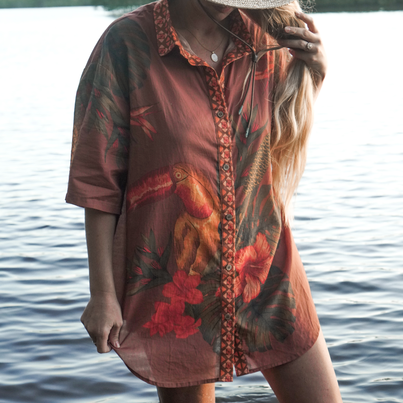 Retro Havana style shirt organic cotton tropical motifs coffee