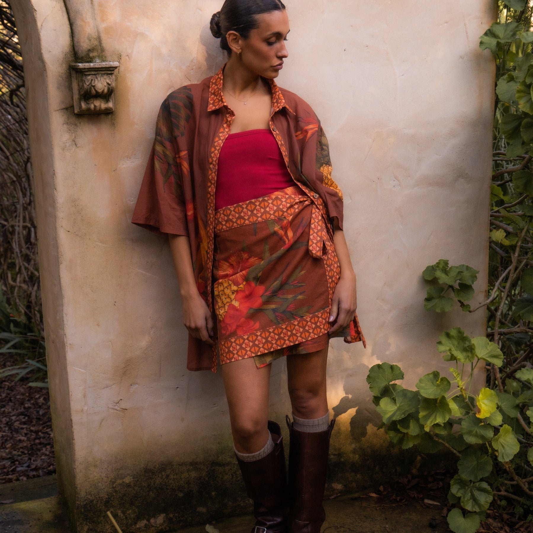 Coffee brown wrap skirt cotton linen blend tropical print