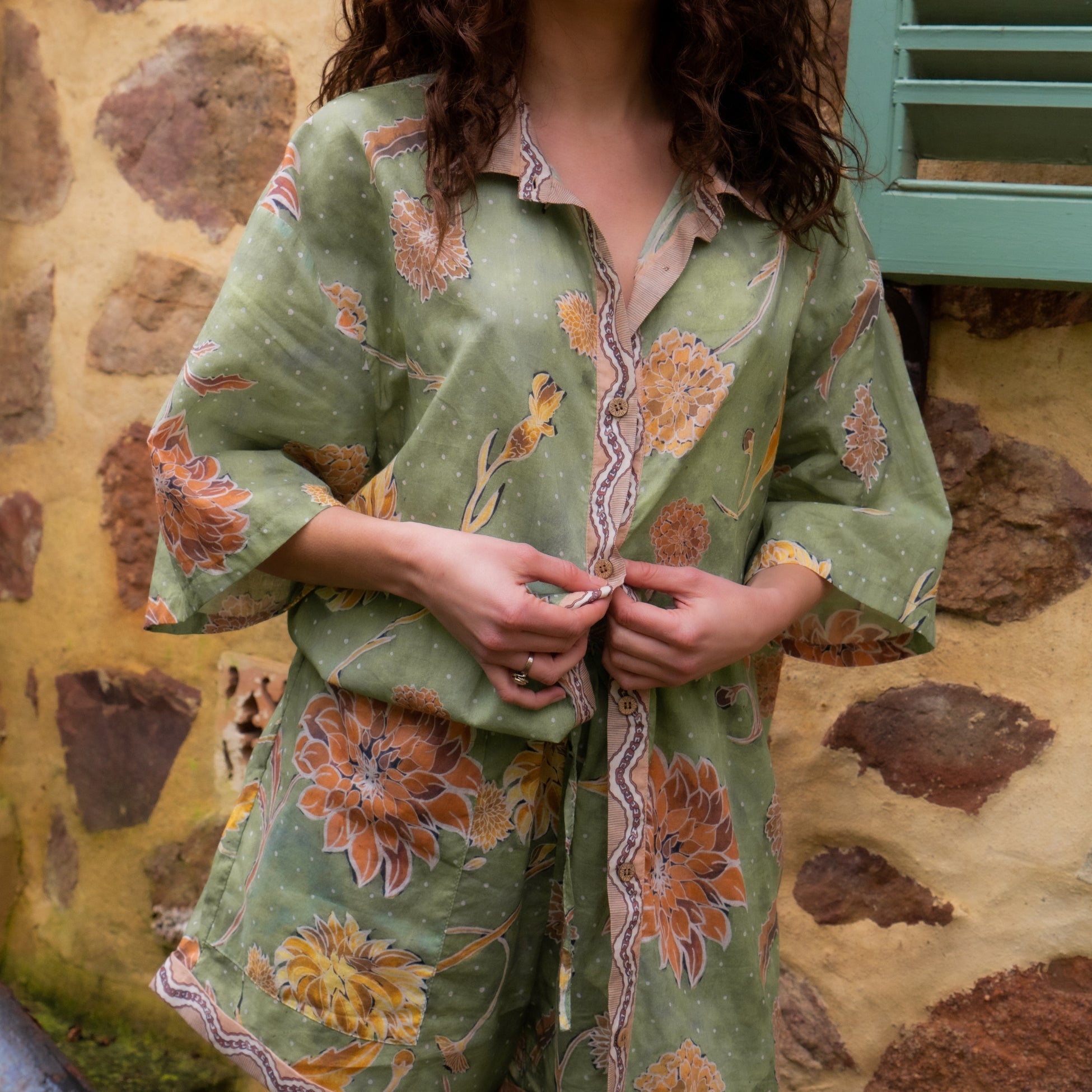 Dahlia Shirt in Moss by Wandering Folk featuring hand-painted dahlia floral print on organic cotton