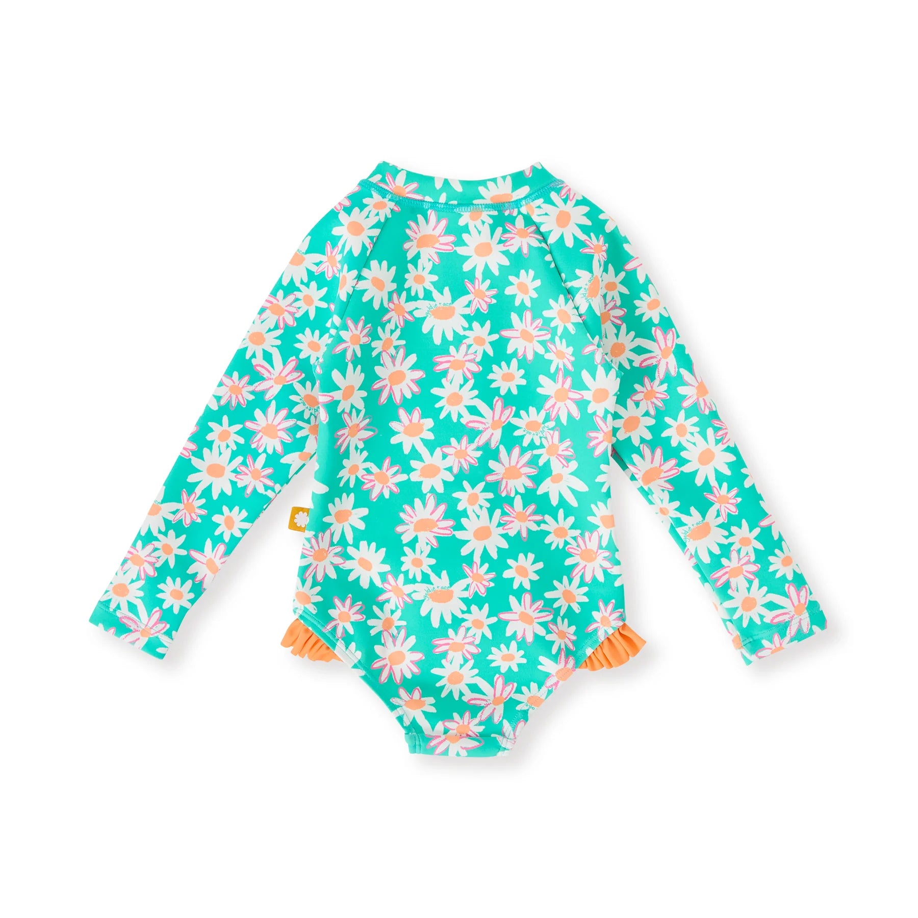 flat lay image of back of Daisy patch long sleeve frill swimsuit by Goldie and Ace